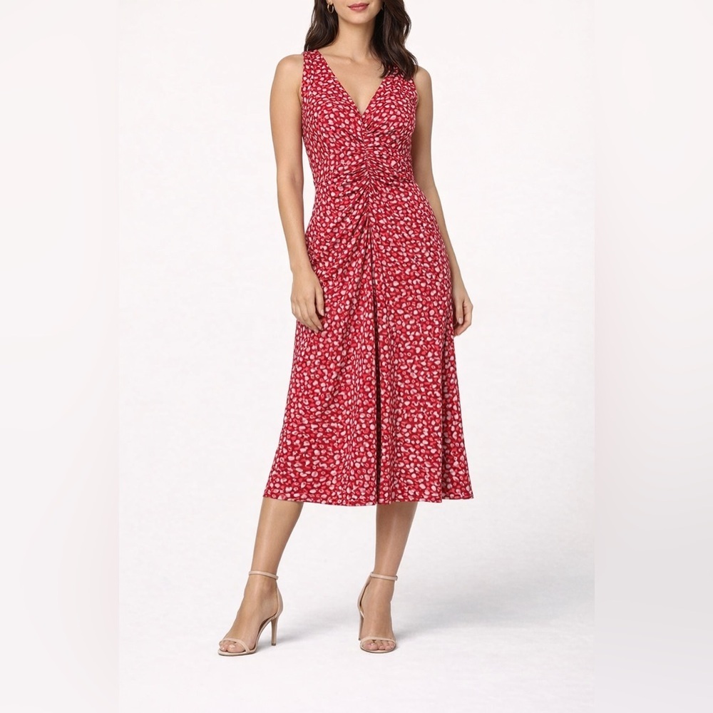 Vince Camuto Red Ruched Midi Dress Sleeveless V-Neck Stretch Size 8
